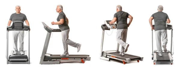 Senior Man Training Treadmill White Background — Stock Photo, Image