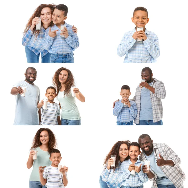 Collage Con Familia Afroamericana Bebiendo Leche Sobre Fondo Blanco —  Fotos de Stock