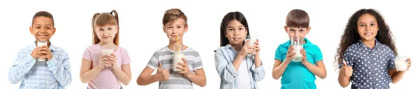 Olika Små Barn Med Mjölk Vit Bakgrund — Stockfoto