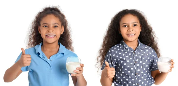 Kleines Afroamerikanisches Mädchen Mit Milch Zeigt Daumen Hoch Geste Auf — Stockfoto