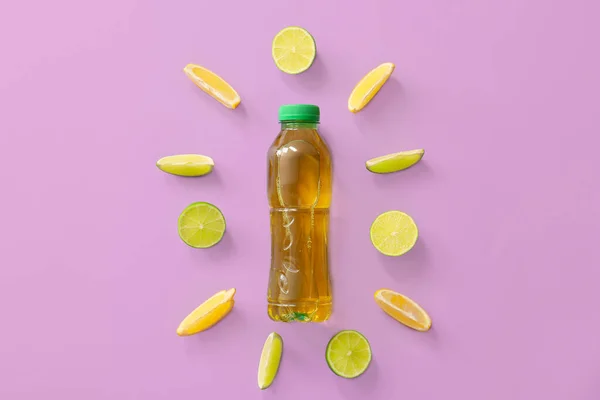 Bottle Fresh Ice Tea Ingredients Color Background — Stock Photo, Image