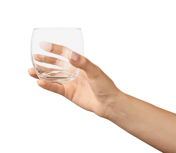 Hand Met Leeg Glas Witte Achtergrond — Stockfoto