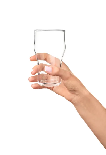 Hand Met Leeg Glas Witte Achtergrond — Stockfoto