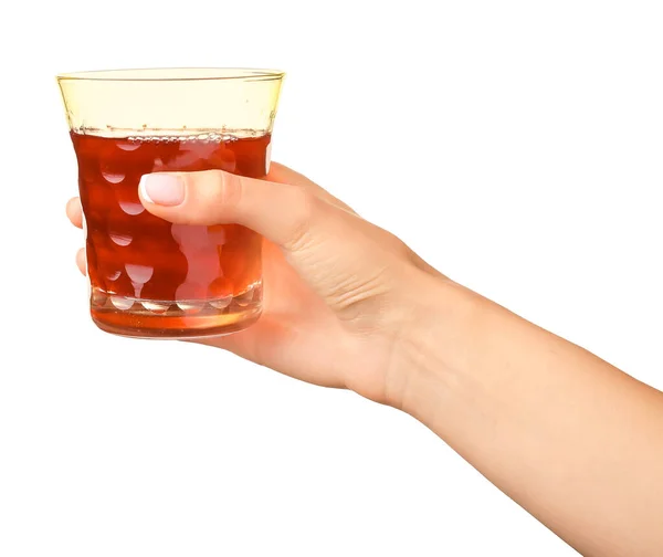 Hand Mit Einem Glas Frischen Saft Auf Weißem Hintergrund — Stockfoto