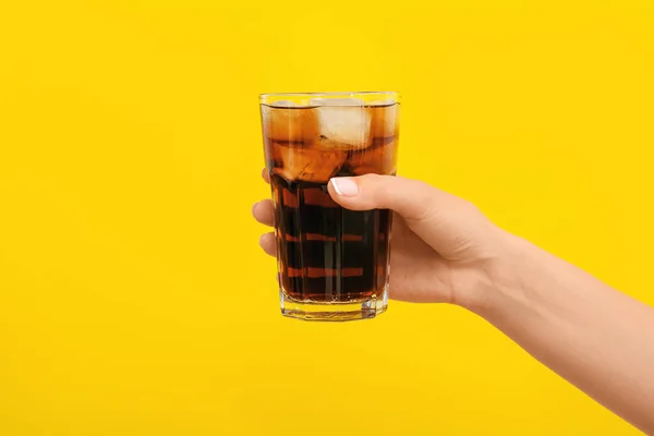 Hand Glass Tasty Cola Color Background — Stock Photo, Image