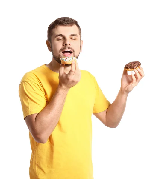 Bonito Jovem Com Donuts Doces Fundo Branco — Fotografia de Stock