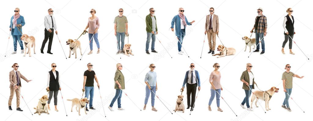 Collage with blind people on white background