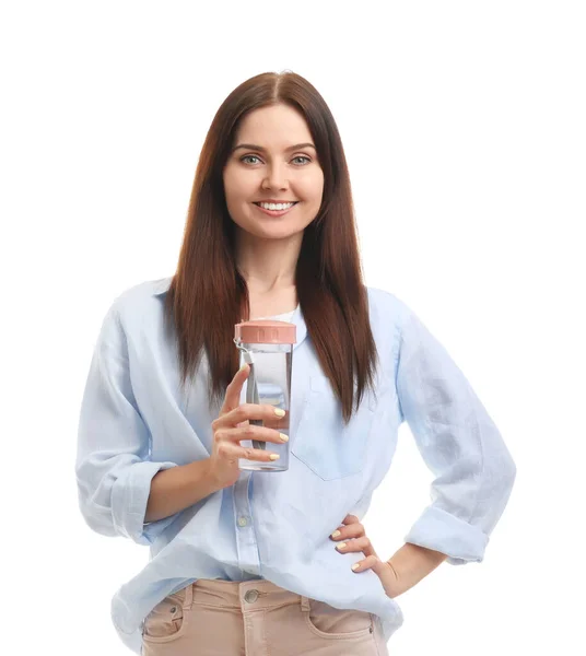 Mujer Joven Con Botella Agua Sobre Fondo Blanco —  Fotos de Stock