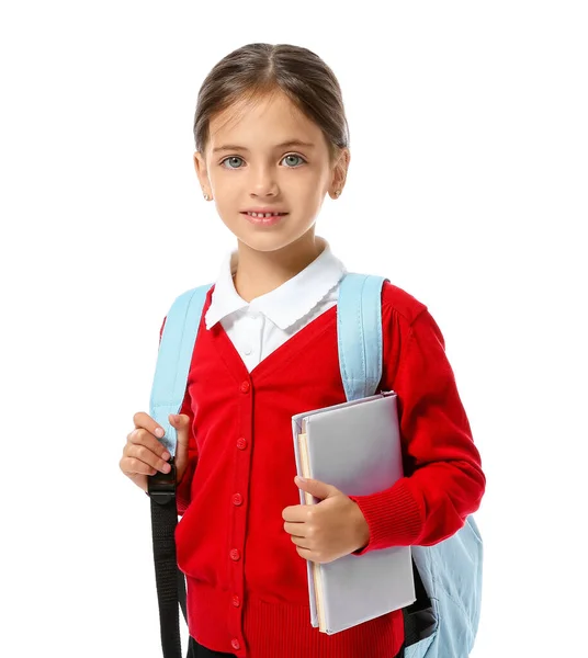 Kleine Schulmädchen Auf Weißem Hintergrund — Stockfoto