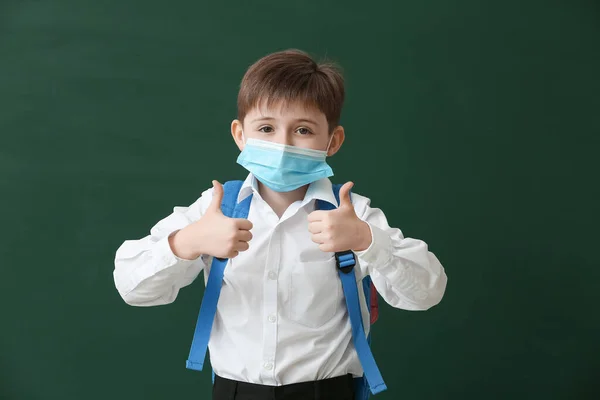 Little Schoolboy Medical Mask Showing Thumb Color Background Coronavirus Epidemic — Stock Photo, Image