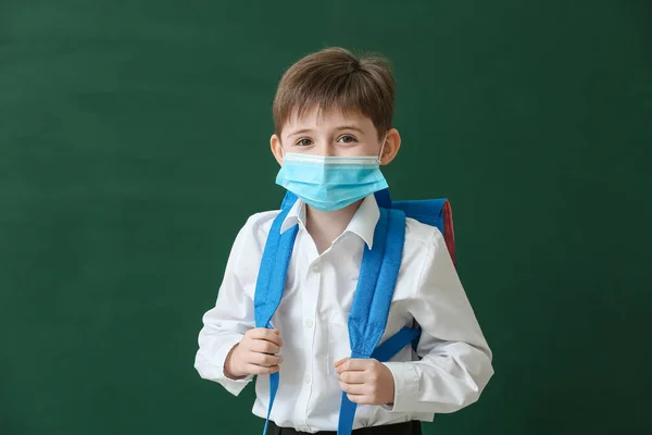 Little Schoolboy Medical Mask Color Background Coronavirus Epidemic — Stock Photo, Image