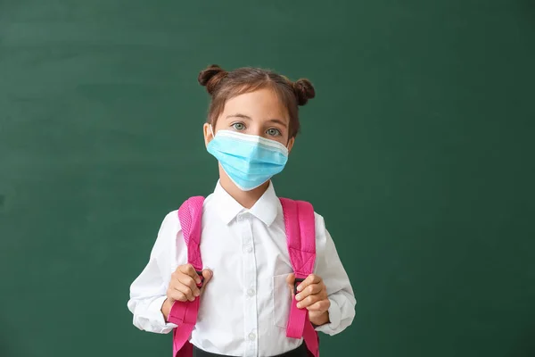 Little Schoolgirl Medical Mask Color Background Coronavirus Epidemic — Stock Photo, Image