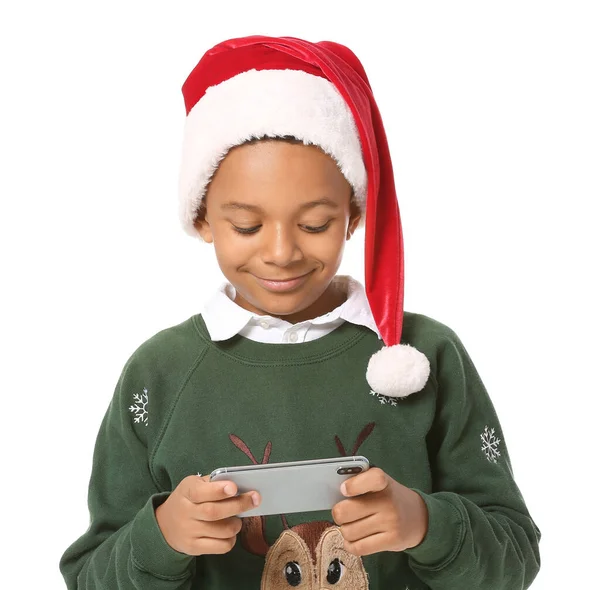 Милий Афро Американський Хлопчик Санта Каті Мобільний Телефон Білому Тлі — стокове фото