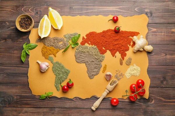 World Map Made Different Spices Wooden Background — Stock Photo, Image