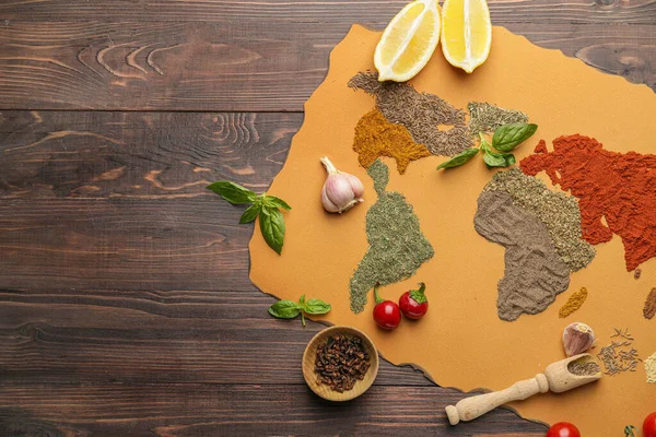 World Map Made Different Spices Wooden Background — Stock Photo, Image
