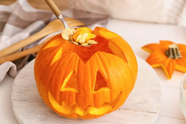 Scultura Zucca Halloween Tavola — Foto Stock