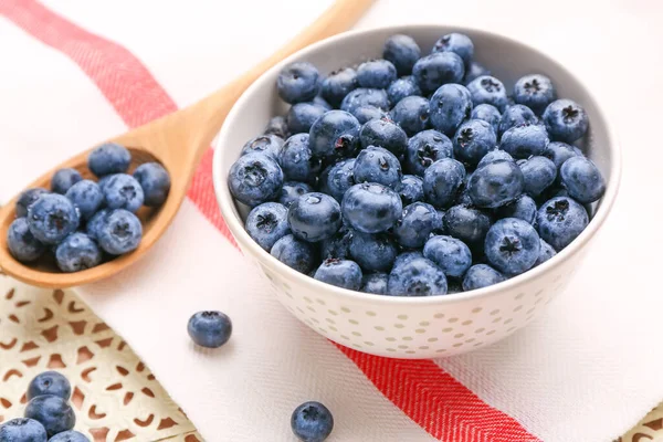 Bowl Spoon Tasty Ripe Blueberry Table — Stock Photo, Image