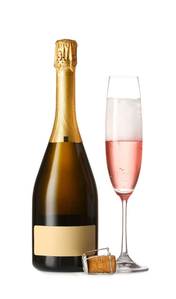 Flasche Leckerer Champagner Und Glas Auf Weißem Hintergrund — Stockfoto