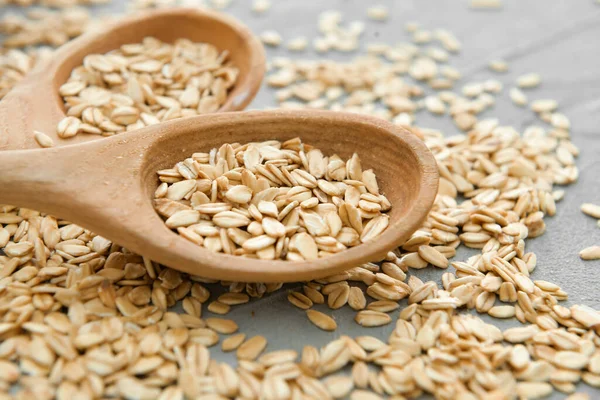 Cucchiai Con Farina Avena Cruda Tavola Primo Piano — Foto Stock