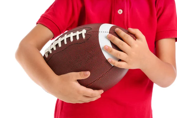 Menino Com Bola Rugby Fundo Branco Close — Fotografia de Stock