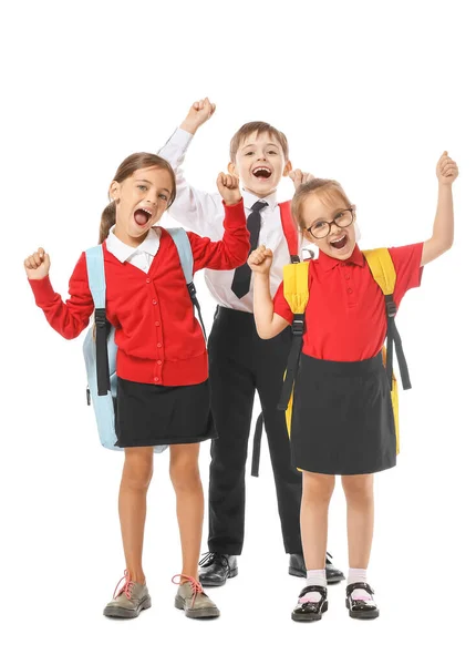Щасливі Маленькі Учні Білому Тлі — стокове фото