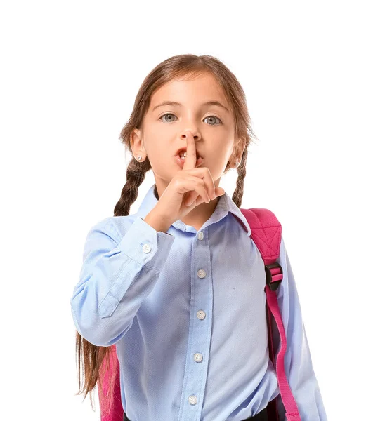 Little Schoolgirl Showing Silence Gesture White Background — Stock Photo, Image