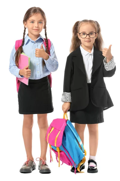 Little Pupils Showing Thumb White Background — Stock Photo, Image