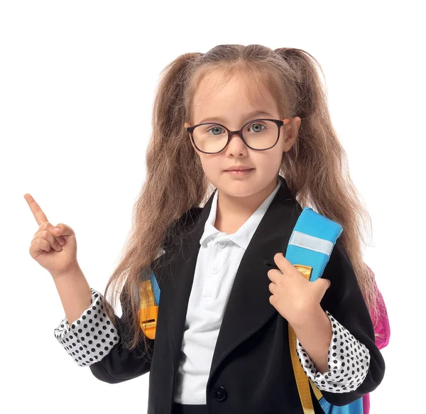 Piccola Studentessa Che Indica Qualcosa Sfondo Bianco — Foto Stock