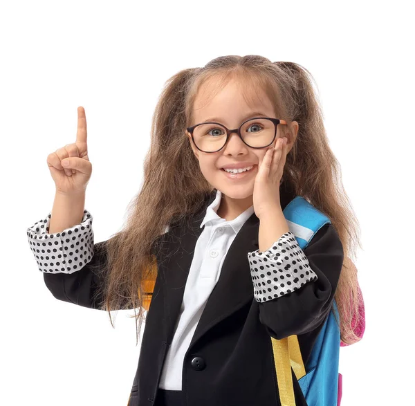 Piccola Studentessa Che Indica Qualcosa Sfondo Bianco — Foto Stock