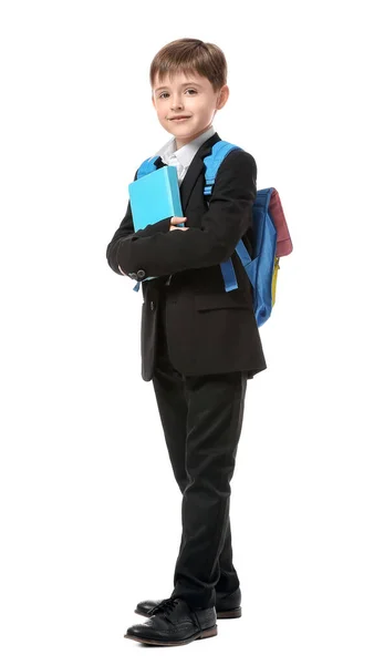 Kleine Schooljongen Witte Achtergrond — Stockfoto