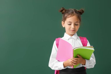 Renk arkaplanı üzerine kitapları olan küçük bir kız öğrenci.