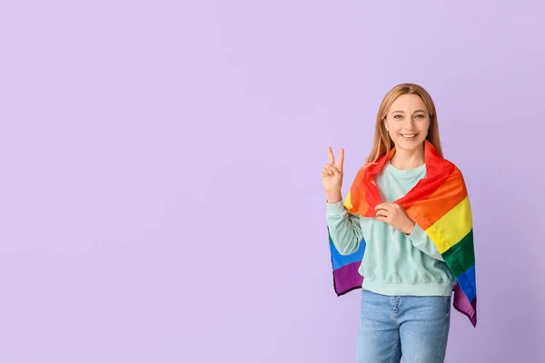 Femme Avec Drapeau Lgbt Sur Fond Couleur — Photo