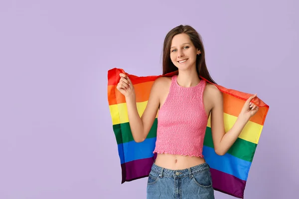 Jeune Femme Avec Drapeau Lgbt Sur Fond Couleur — Photo