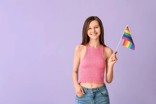 Ung Kvinna Med Hbt Flagga Färg Bakgrund — Stockfoto