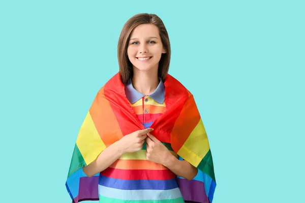 Mujer Joven Con Bandera Lgbt Sobre Fondo Color — Foto de Stock
