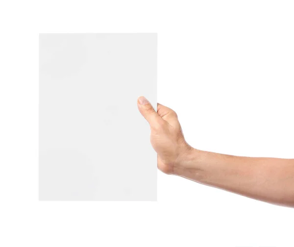 Man Hand Met Blanco Papier Witte Achtergrond — Stockfoto