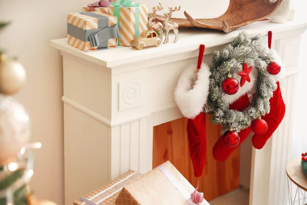 Fireplace Socks Living Room Decorated Christmas — Stock Photo, Image