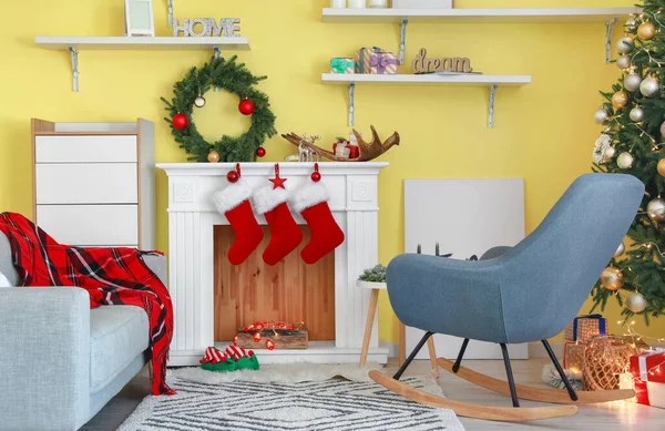 Interior Bela Sala Estar Decorada Para Natal — Fotografia de Stock