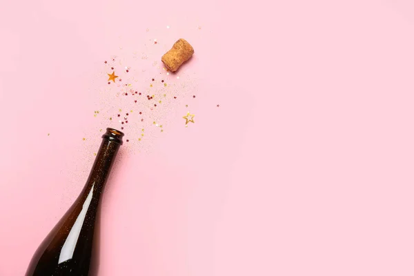 Bottle Champagne Glitters Color Background New Year Celebration — Stock Photo, Image