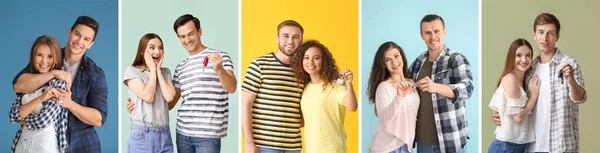 Set Young Couples Holding Keys Color Background — Stock Photo, Image