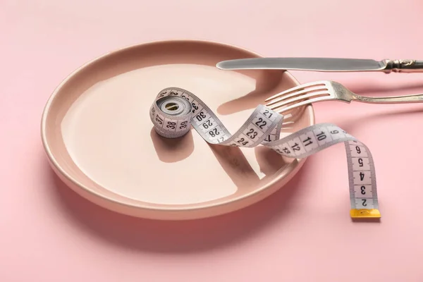 Plate Measuring Tape Cutlery Color Background Concept Anorexia — Stock Photo, Image