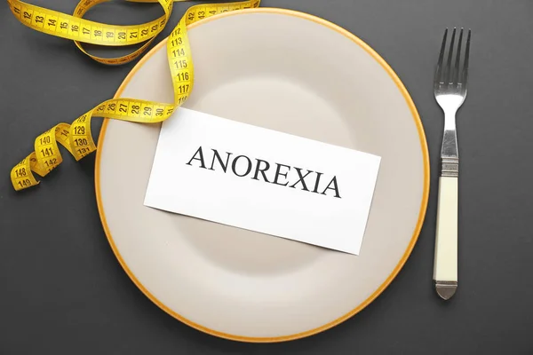 Plate Word Anorexia Measuring Tape Dark Background — Stock Photo, Image