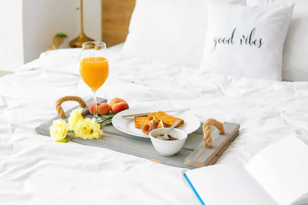 Tray Tasty Breakfast Book Bed — Stock Photo, Image