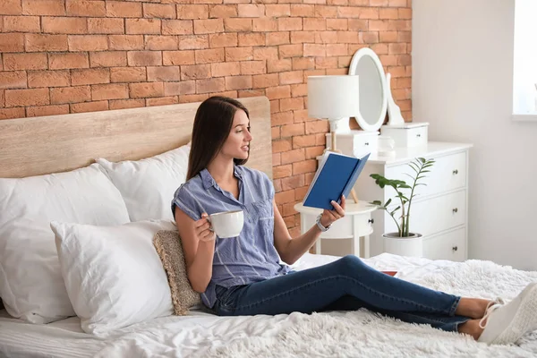 Beautiful Young Woman Reading Book Home — Stock Photo, Image