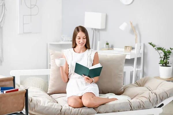 Beautiful Young Woman Reading Book Home — Stock Photo, Image