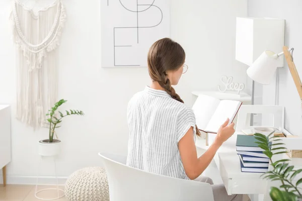 Beautiful Young Woman Reading Book Home — Stock Photo, Image