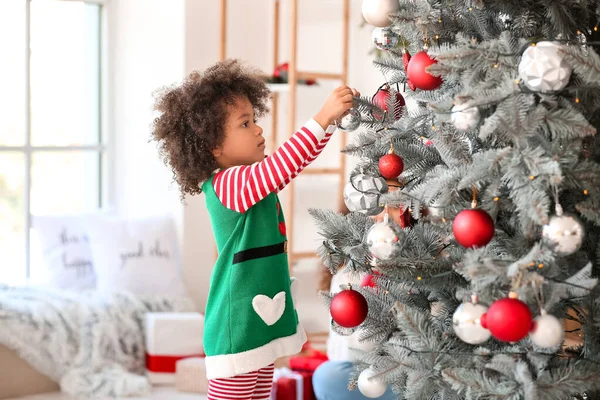 Cute African American Girl Decorating Christmas Tree Home — Stock Photo, Image