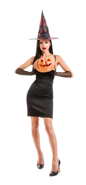 Bruja Con Calabaza Halloween Sobre Fondo Blanco — Foto de Stock