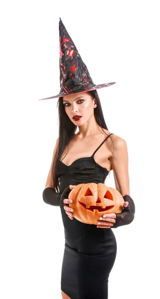 Bruja Con Calabaza Halloween Sobre Fondo Blanco —  Fotos de Stock