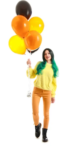 Beautiful Young Woman Balloons White Background Halloween Celebration — Stock Photo, Image